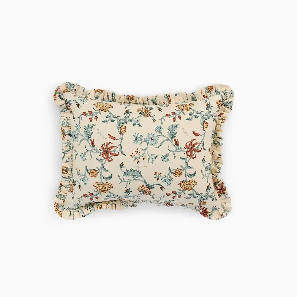Fabric cushions - BLOCK-PRINTED RUFFLED CUSHION COVER - MUSTURD VANA - CRAFT BOAT