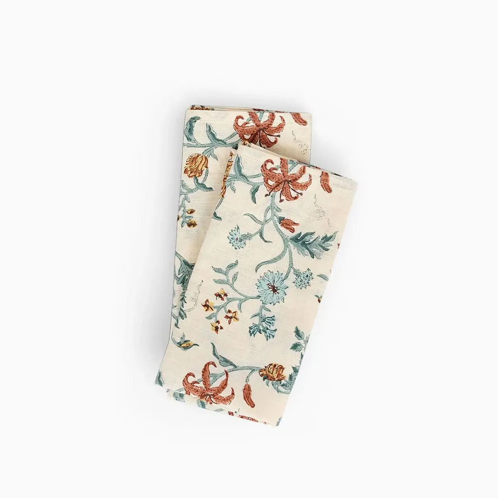 Napkins - BLOCK-PRINTED LINEN NAPKIN SET OF 2 - MUSTARD VANA - CRAFT BOAT