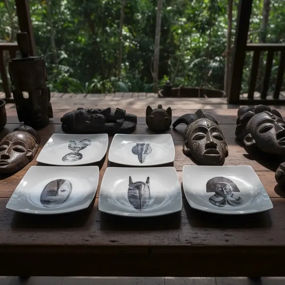 Gifts - African Splendor: Customizable Porcelain Set with Traditional Masks - 12 Unique Art Pieces - KEMI HOME ART