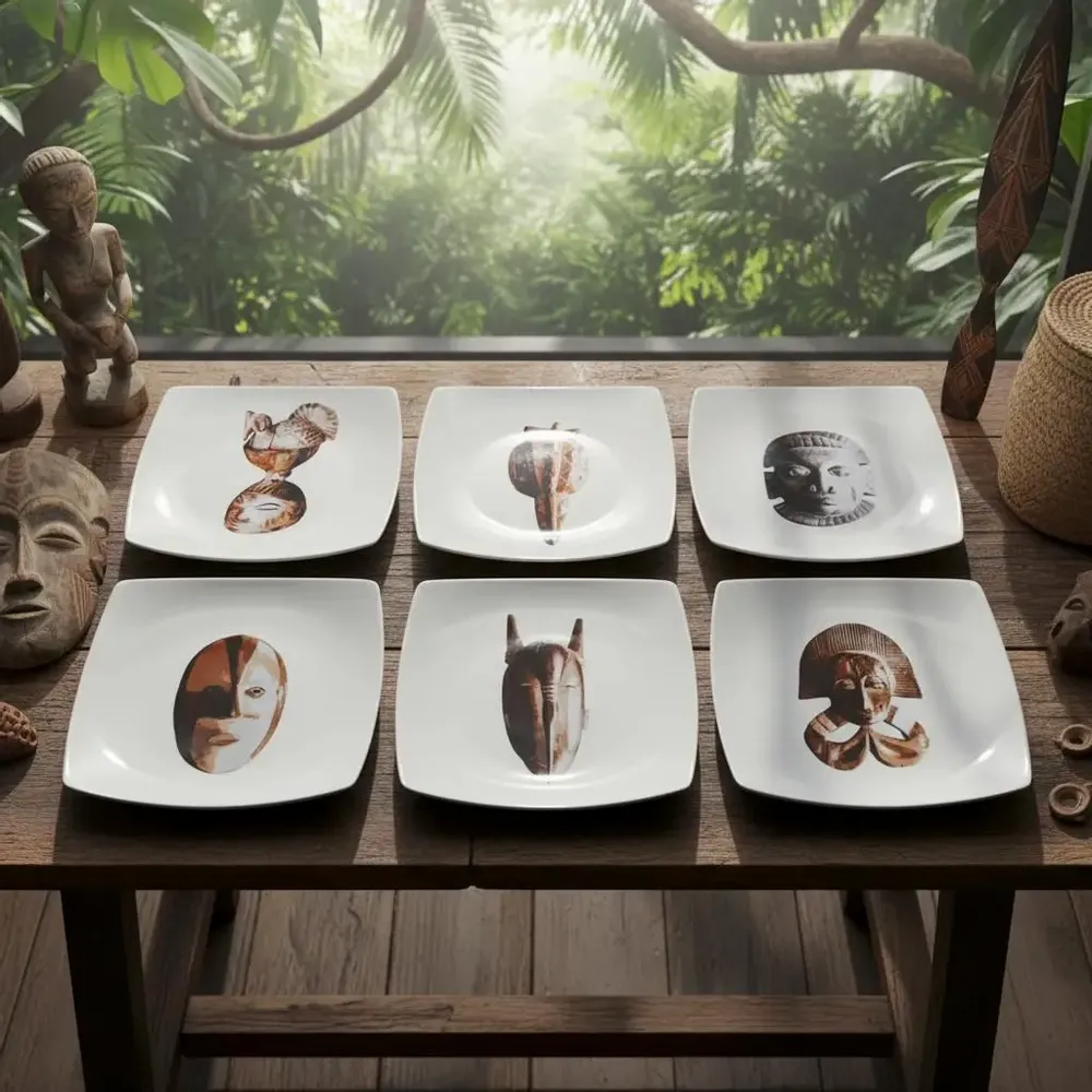 Gifts - African Splendor: Customizable Porcelain Set with Traditional Masks - 12 Unique Art Pieces - KEMI HOME ART