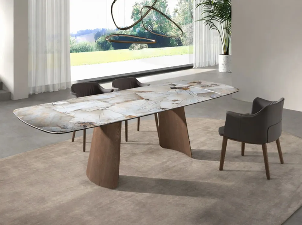 Tables Salle à Manger - Table à rallonges ovale en marbre porcelainé et noyer - ANGEL CERDÁ