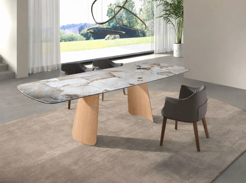 Tables Salle à Manger - Table à rallonges ovale en marbre porcelainé et chêne - ANGEL CERDÁ