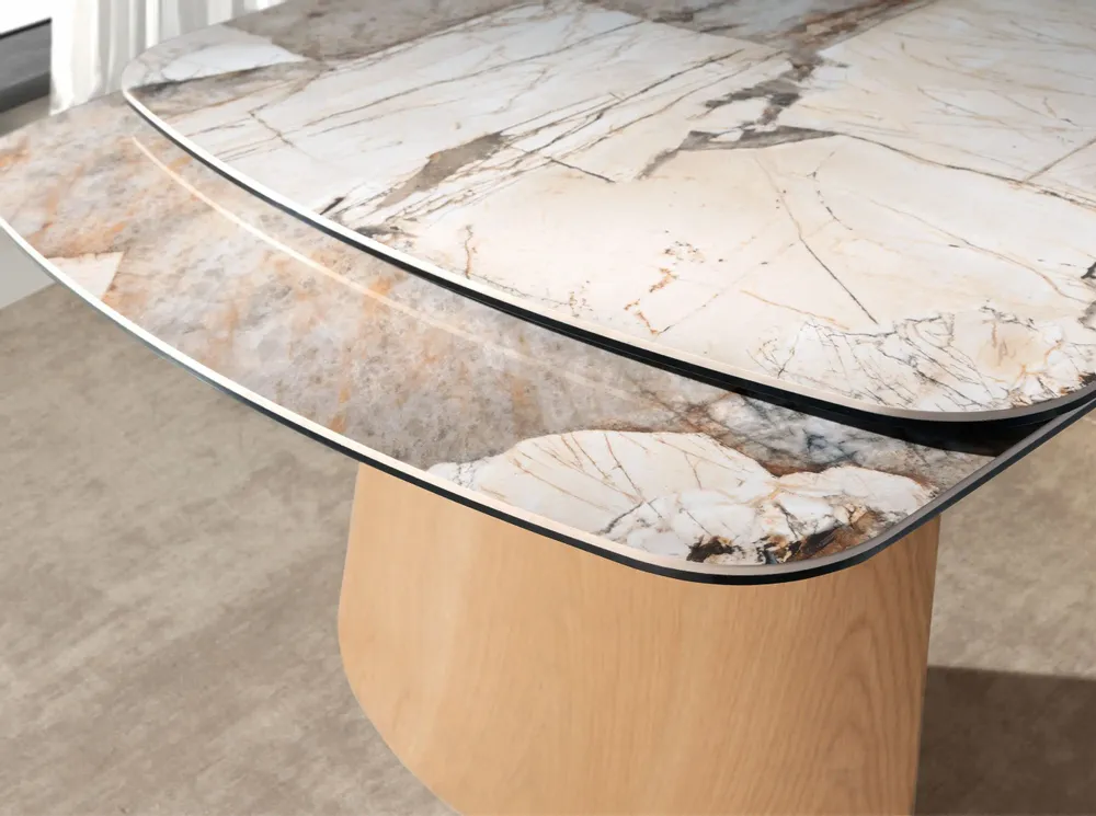 Tables Salle à Manger - Table à rallonges ovale en marbre porcelainé et chêne - ANGEL CERDÁ