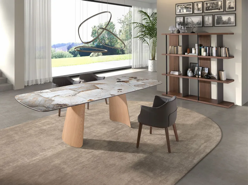 Tables Salle à Manger - Table à rallonges ovale en marbre porcelainé et chêne - ANGEL CERDÁ