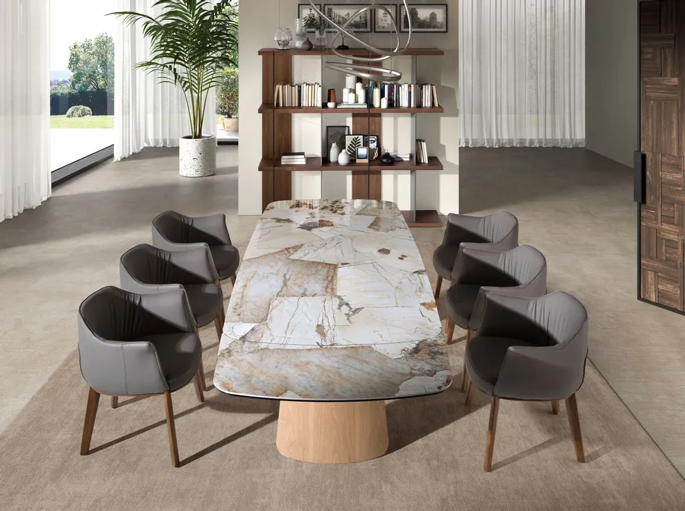 Tables Salle à Manger - Table à rallonges ovale en marbre porcelainé et chêne - ANGEL CERDÁ