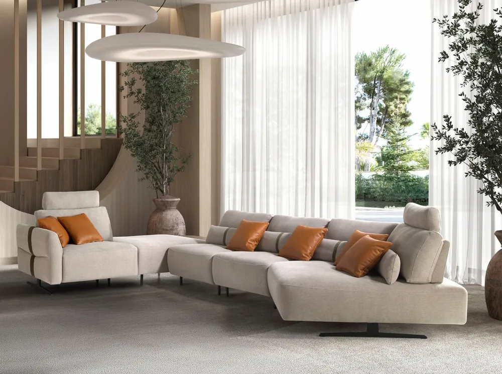 Sofas - Left-hand modular chaise longue sofa in sand fabric - ANGEL CERDÁ