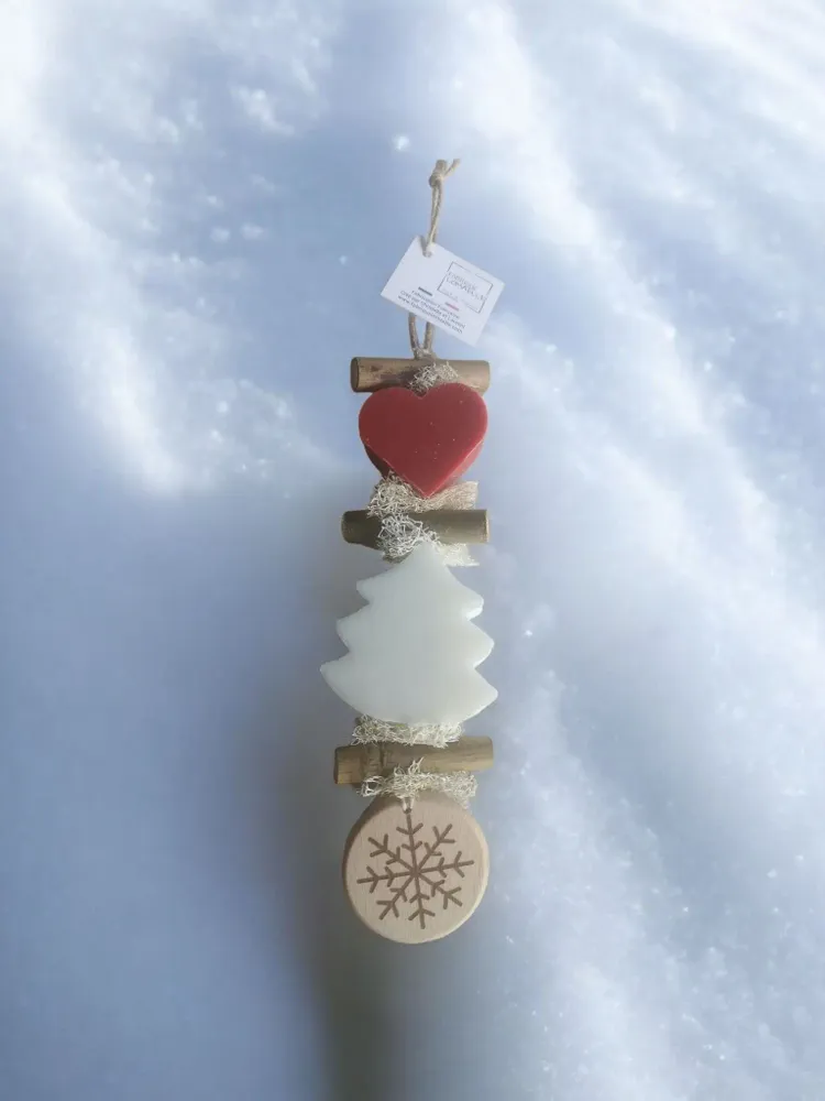 Soaps - Braided set: 1 Red Fruit Heart Soap, 1 White Fir Bergamot Soap, and a round engraved wooden "Snowflake" - FABRIQUE LOMAELLE