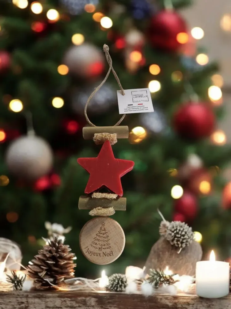 Savons - Tresse 1 Etoile Fruit Rouge avec Rond Bois Gravé "sapin de noël" - FABRIQUE LOMAELLE