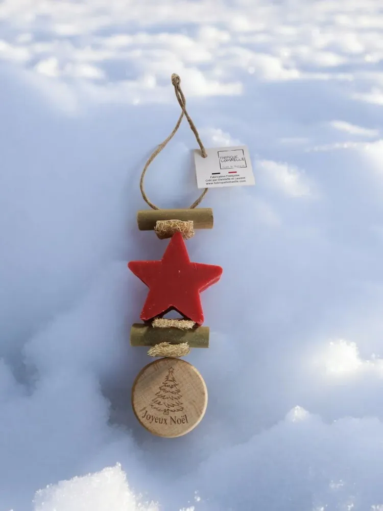 Savons - Tresse 1 Etoile Fruit Rouge avec Rond Bois Gravé "sapin de noël" - FABRIQUE LOMAELLE