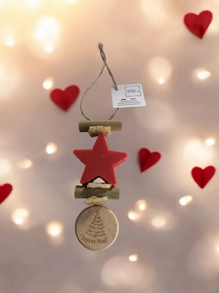 Savons - Tresse 1 Etoile Fruit Rouge avec Rond Bois Gravé "sapin de noël" - FABRIQUE LOMAELLE