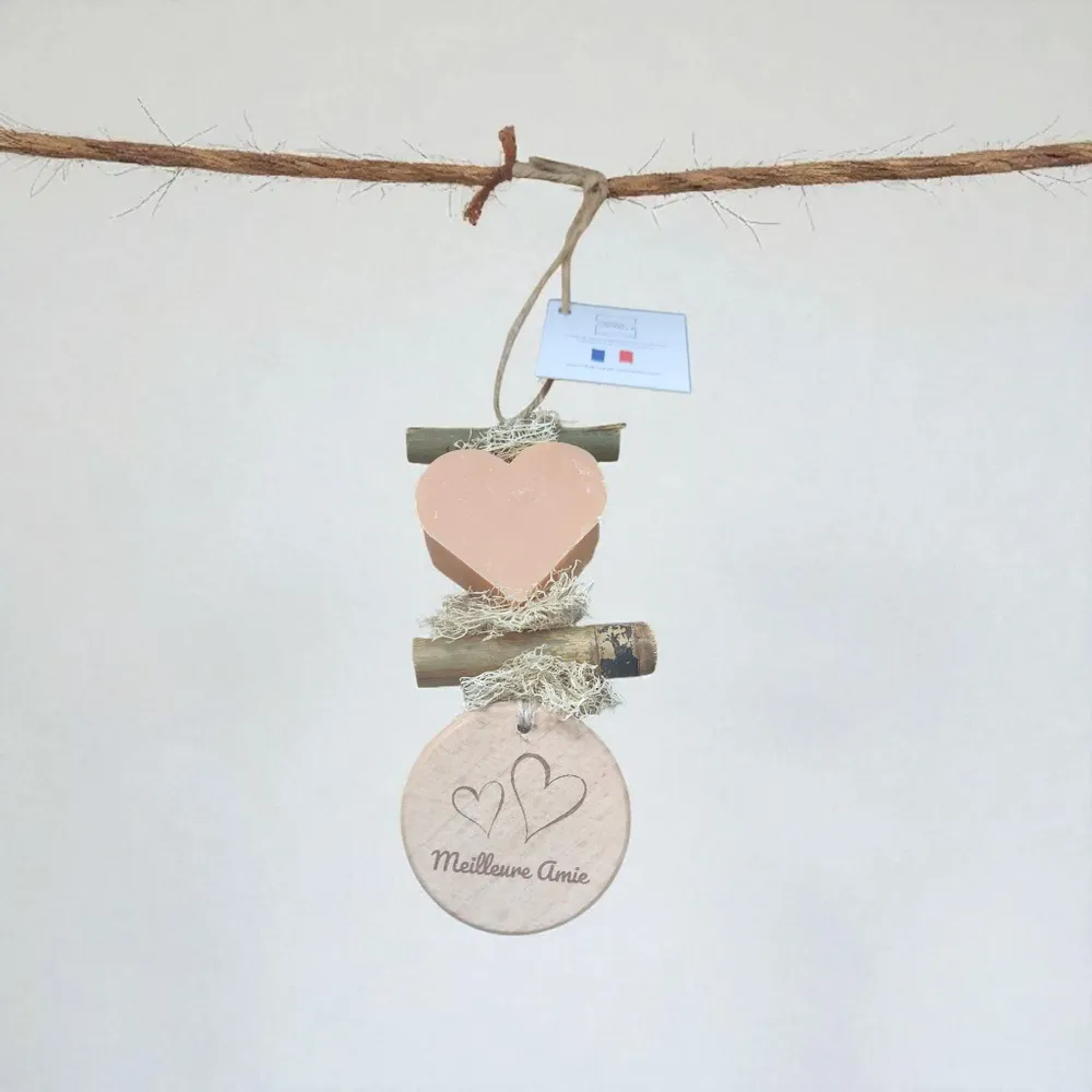 Savons - Tresse 1 Savon Cœur Fleur d'Oranger avec Rond Bois Gravé "Meilleure Amie" - FABRIQUE LOMAELLE