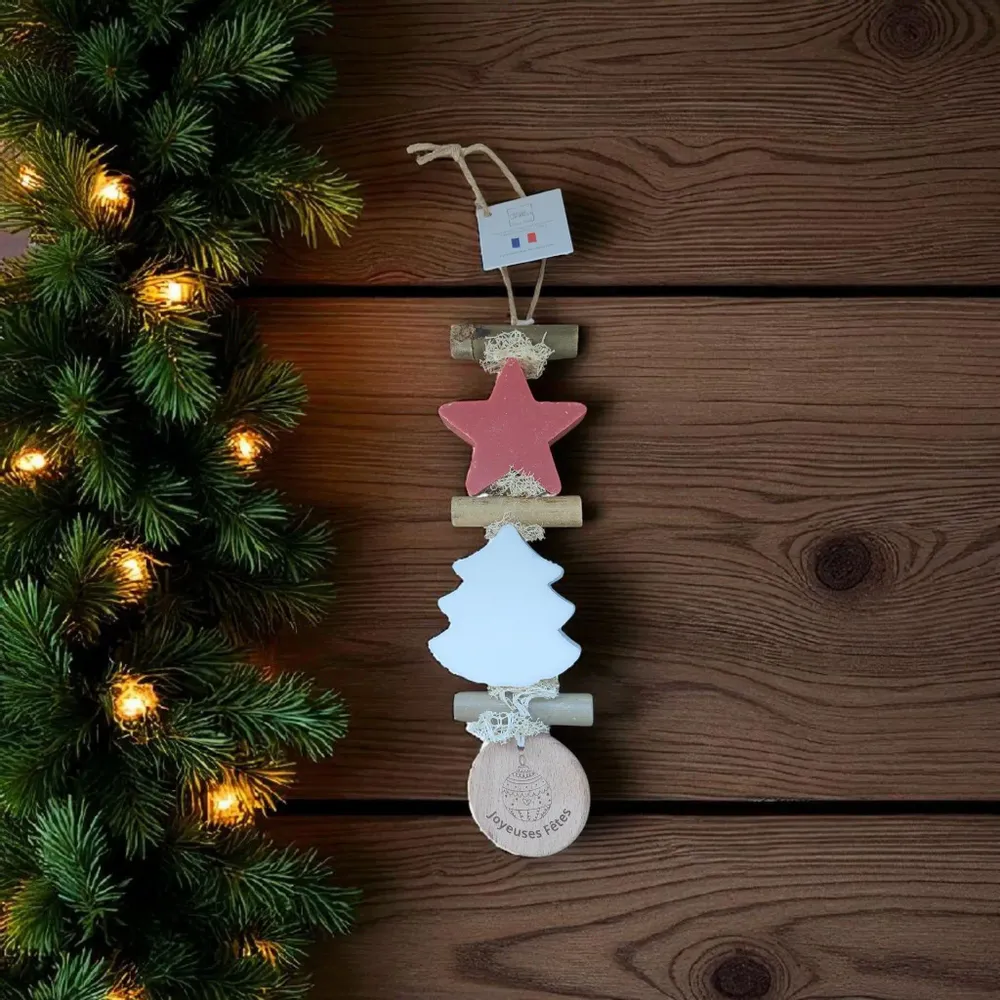 Savons - Tresse 1 Savon Etoile Fruit Rouge 1 Sapin Blanc Bergamote avec Rond Bois "Joyeuses Fêtes" - FABRIQUE LOMAELLE