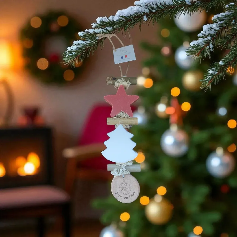 Savons - Tresse 1 Savon Etoile Fruit Rouge 1 Sapin Blanc Bergamote avec Rond Bois "Joyeuses Fêtes" - FABRIQUE LOMAELLE