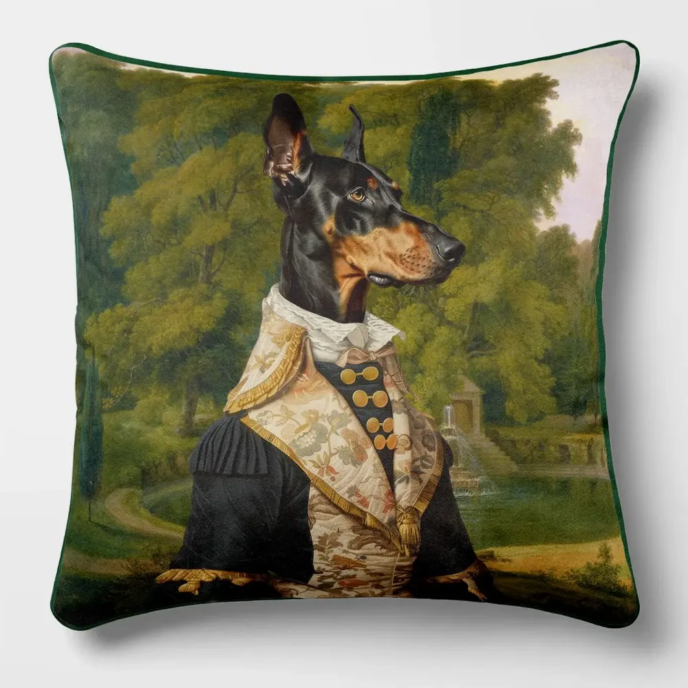 Linge - Bestiaire Aristocratique 3 (Le Comte de Doberman) — Housse Coussin Velours 45cm x 45cm - LAURE WELFLING - DJEBELI