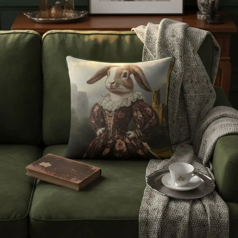 Linens - Aristocratic Bestiary 4 (Marchioness Bunnyworth) — Velvet Cushion Cover 45cm x 45cm - LAURE WELFLING - DJEBELI