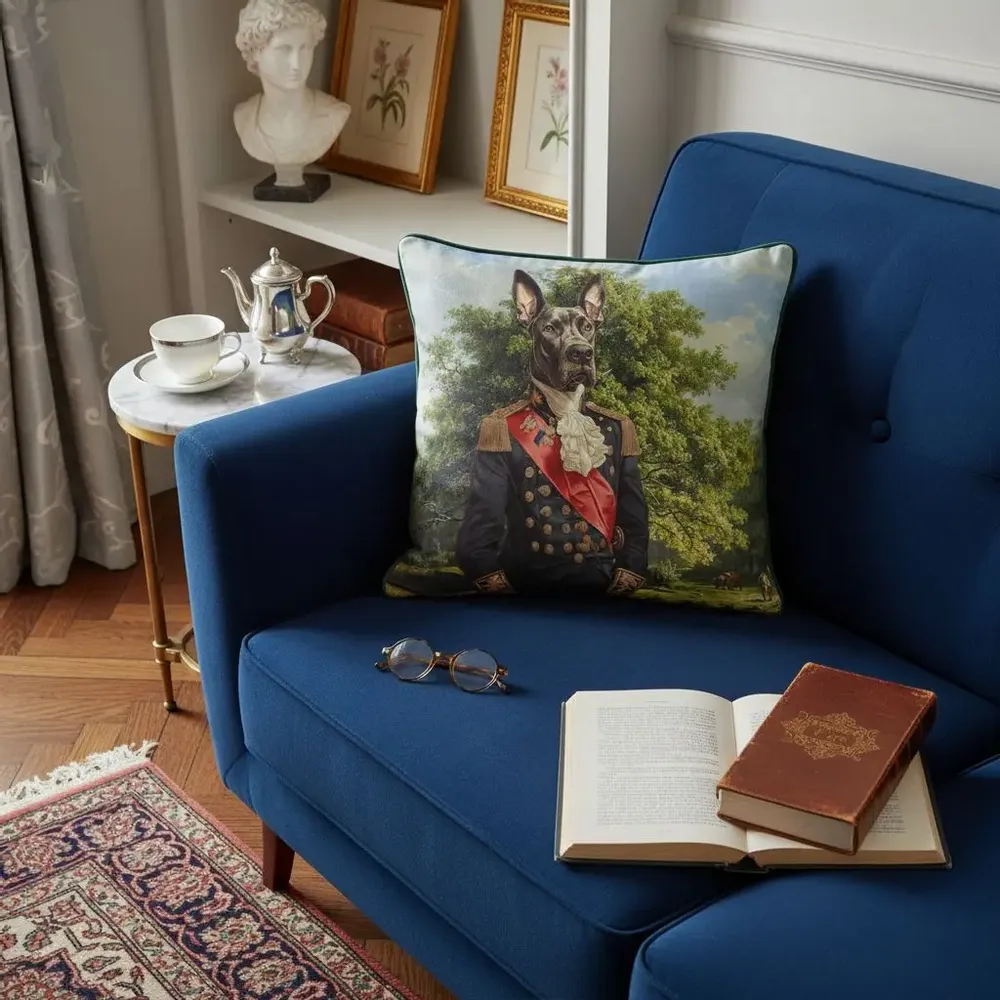 Linge - Bestiaire Aristocratique 5 (Le Général Dogue) — Housse Coussin Velours 45cm x 45cm - LAURE WELFLING - DJEBELI