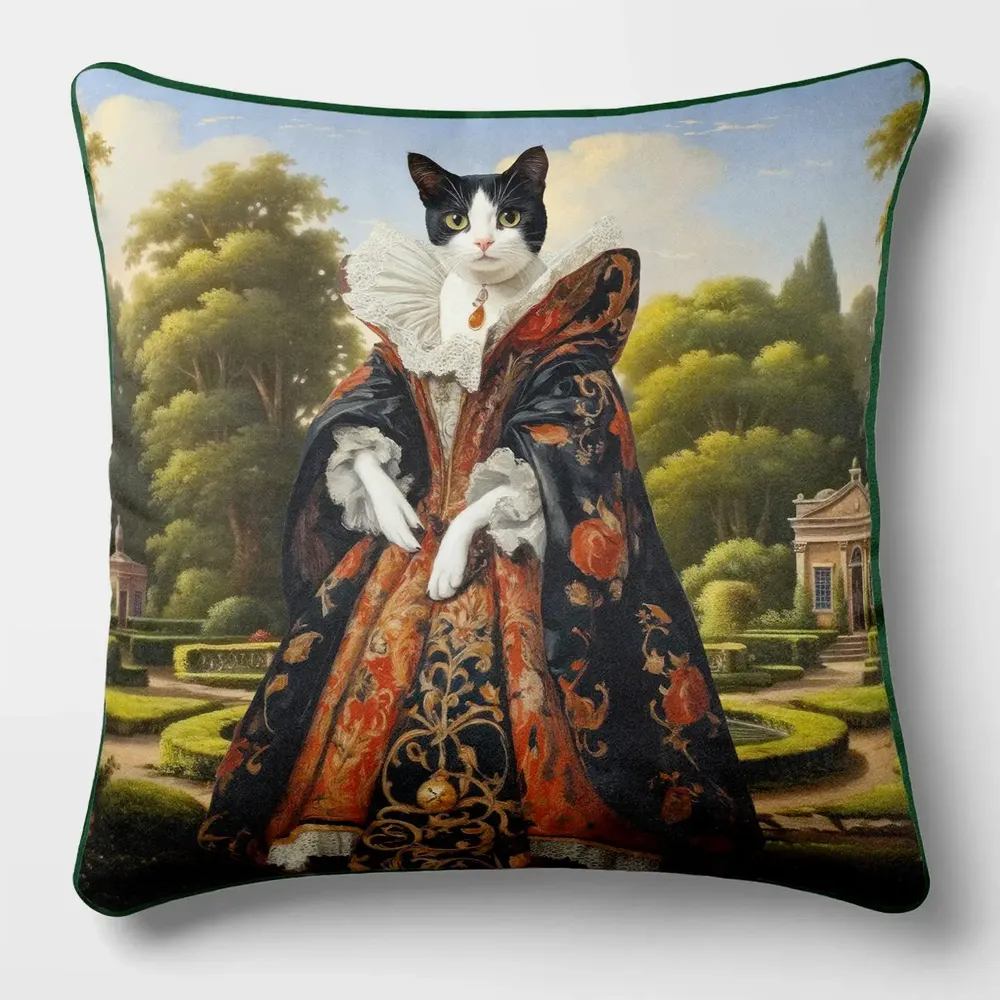 Linens - Aristocratic Bestiary 7 (Lady Felindale) — Velvet Cushion Cover 45cm x 45cm - LAURE WELFLING - DJEBELI