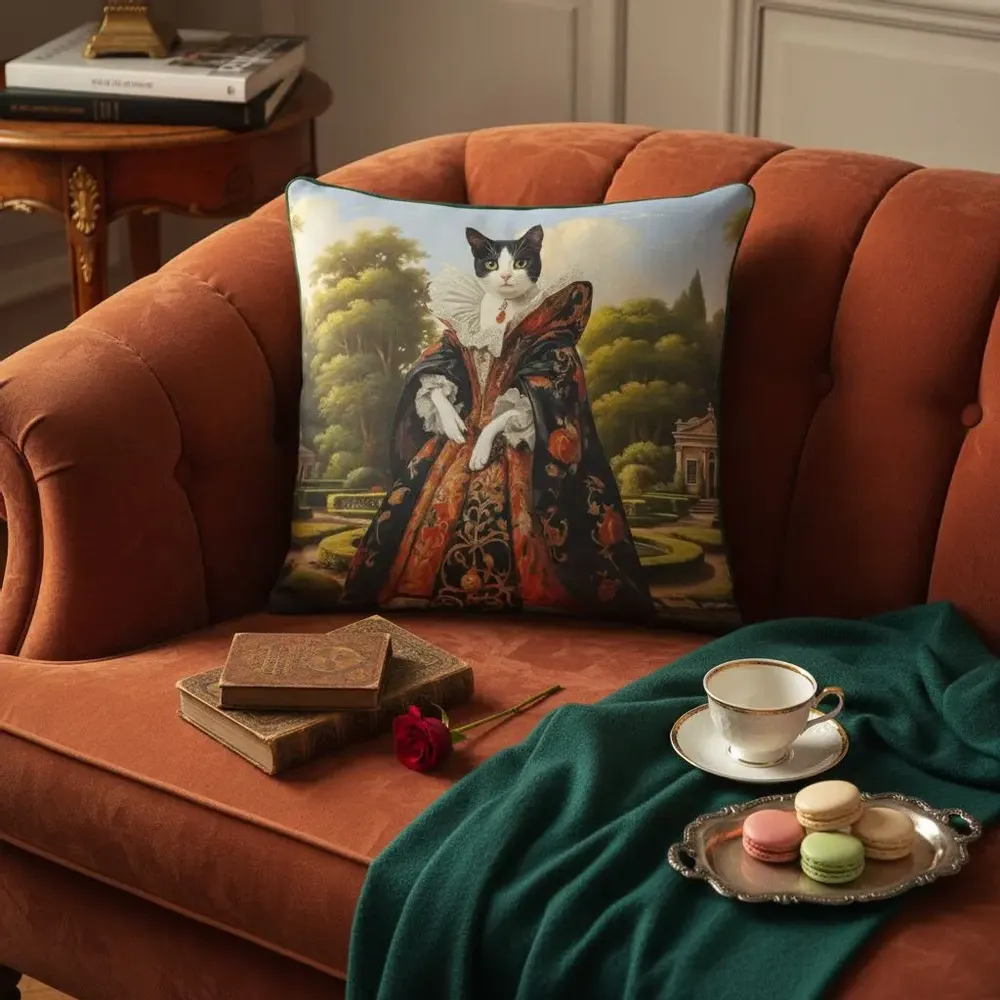 Linens - Aristocratic Bestiary 7 (Lady Felindale) — Velvet Cushion Cover 45cm x 45cm - LAURE WELFLING - DJEBELI