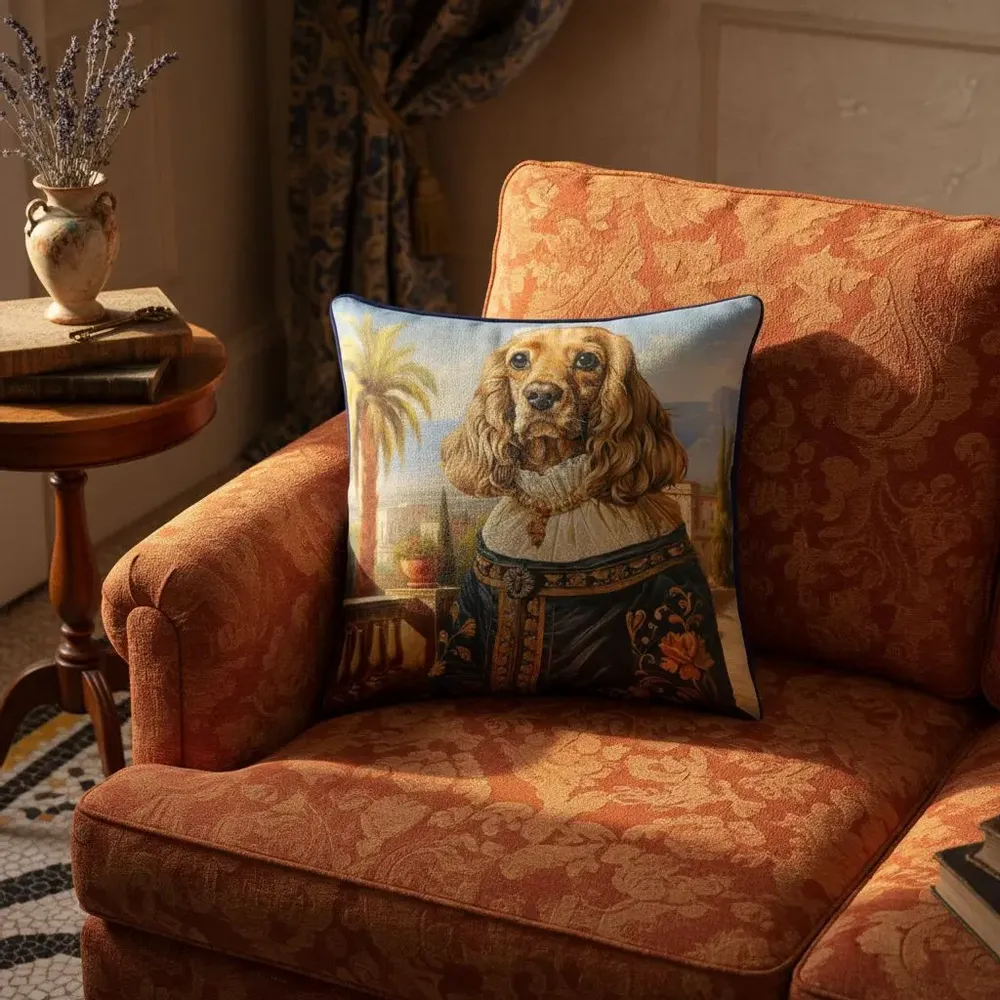 Linge - Bestiaire Aristocratique 10 (La Comtesse Cocker) — Housse Coussin Velours 45cm x 45cm - LAURE WELFLING - DJEBELI