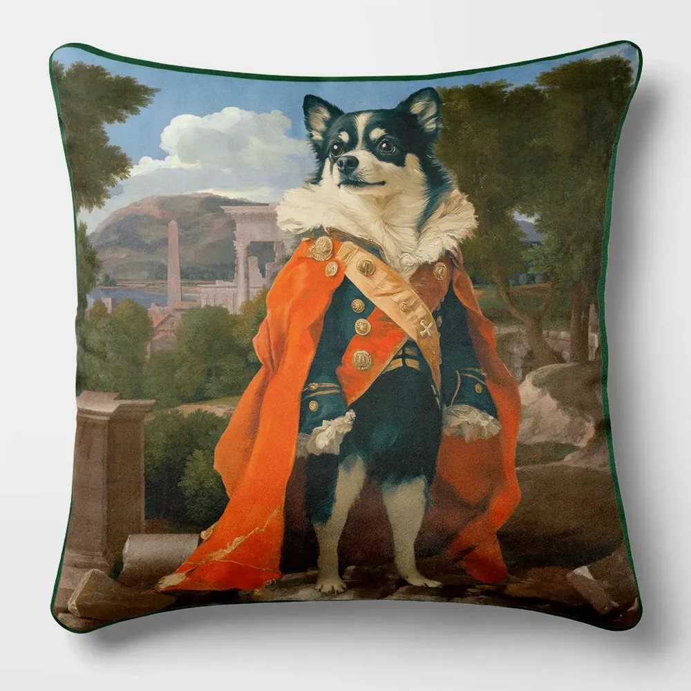 Linge - Bestiaire Aristocratique 14 (Monsieur Valhund) — Housse Coussin Velours 45cm x 45cm - LAURE WELFLING - DJEBELI