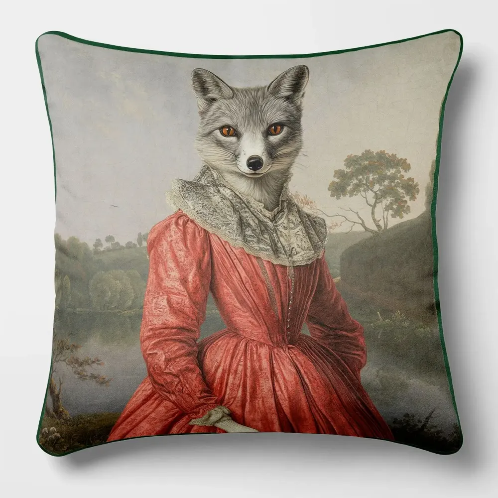 Linge - Bestiaire Aristocratique 15 (Dame Renard) — Housse Coussin Velours 45cm x 45cm - LAURE WELFLING - DJEBELI