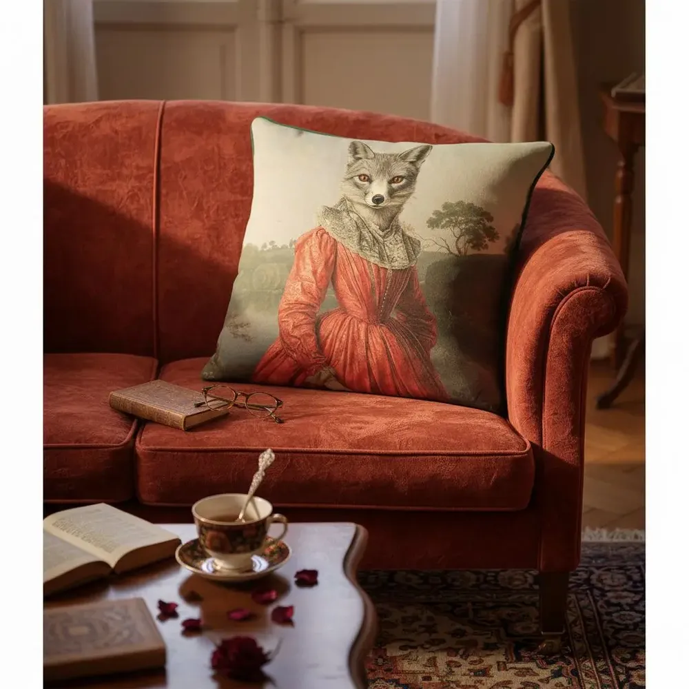 Linge - Bestiaire Aristocratique 15 (Dame Renard) — Housse Coussin Velours 45cm x 45cm - LAURE WELFLING - DJEBELI