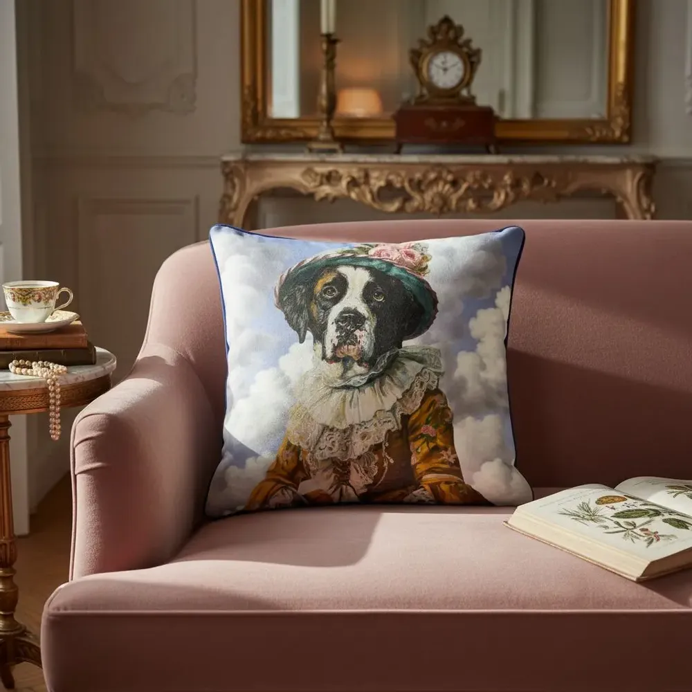 Linge - Bestiaire Aristocratique 17 (La Marquise de Saint-Bernard) — Housse Coussin Velours 45cm x 45cm - LAURE WELFLING - DJEBELI