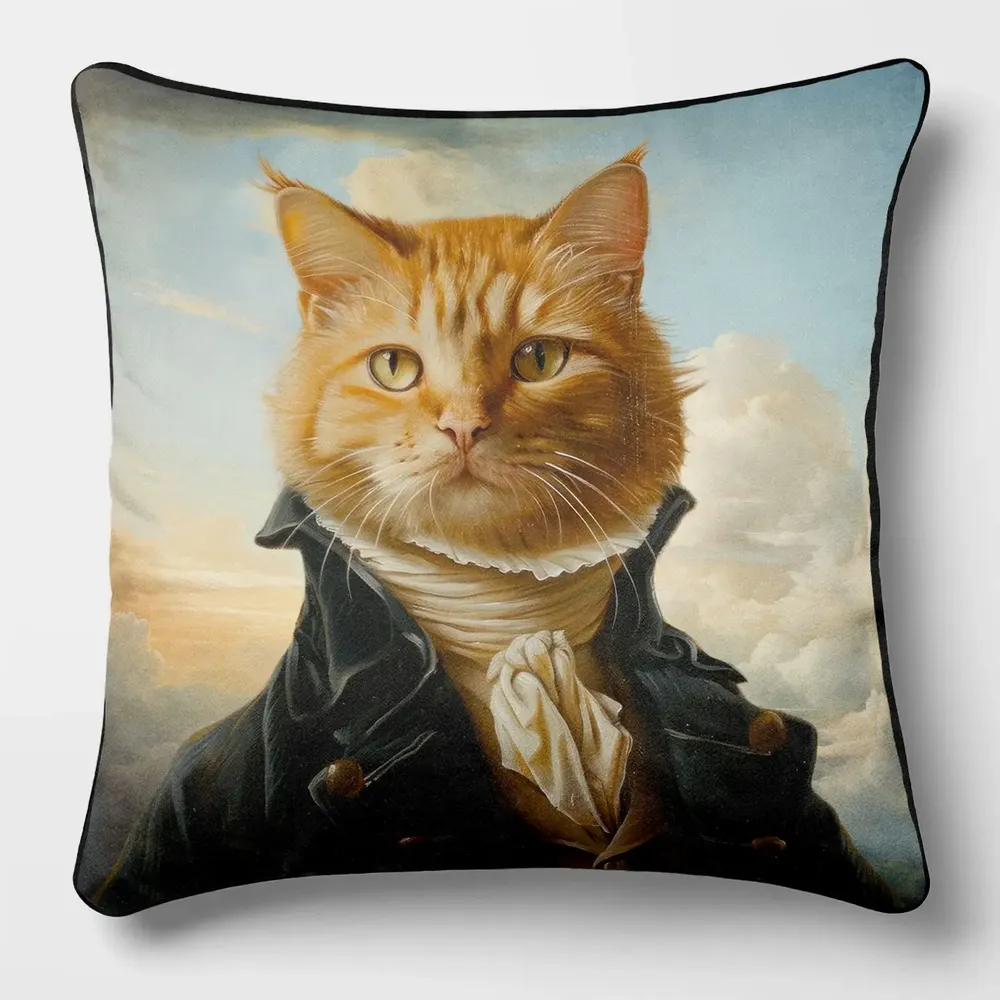 Linens - Aristocratic Bestiary 18 (Lord Cat) — Velvet Cushion Cover 45cm x 45cm - LAURE WELFLING - DJEBELI