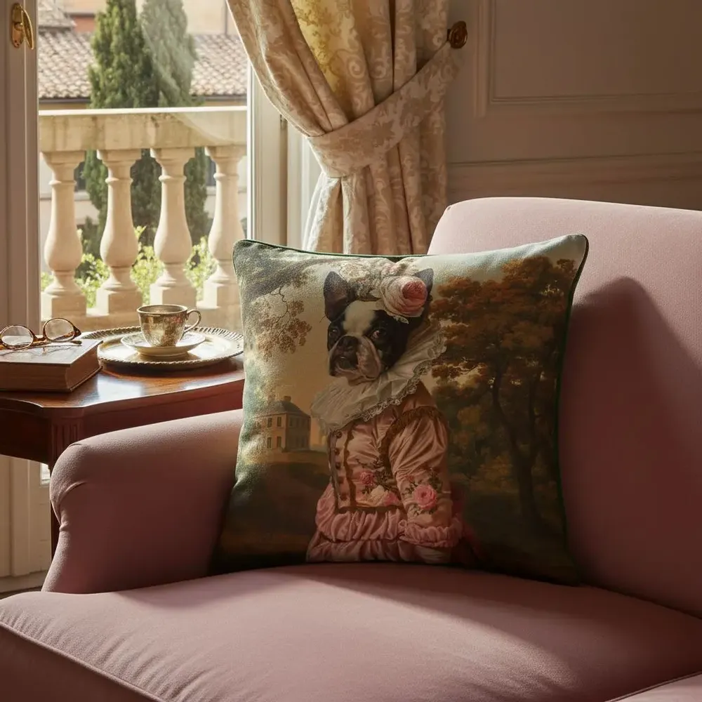 Linge - Bestiaire Aristocratique 22 (La Baronne de Boston Terrier) — Housse Coussin Velours 45cm x 45cm - LAURE WELFLING - DJEBELI