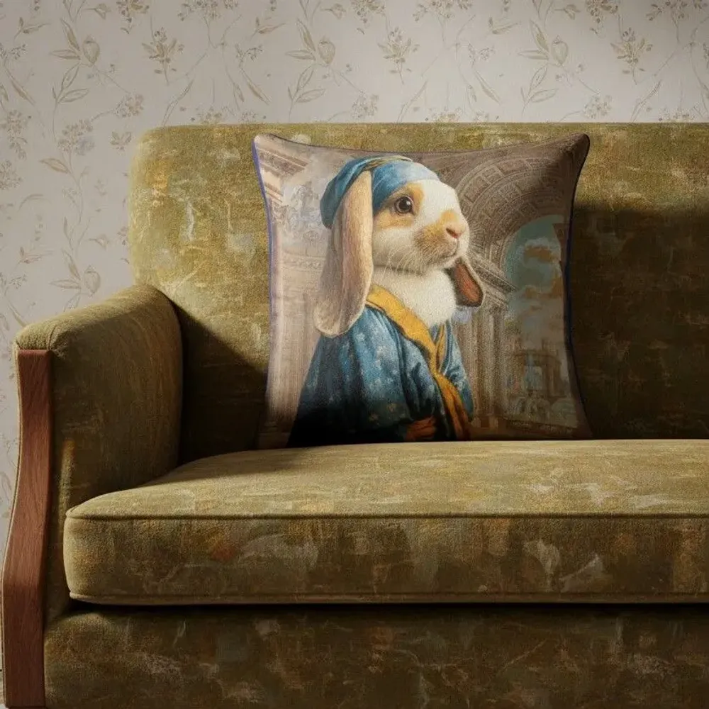 Linge - Bestiaire Aristocratique 25 (Monsieur de Lapin) — Housse Coussin Velours 45cm x 45cm - LAURE WELFLING - DJEBELI