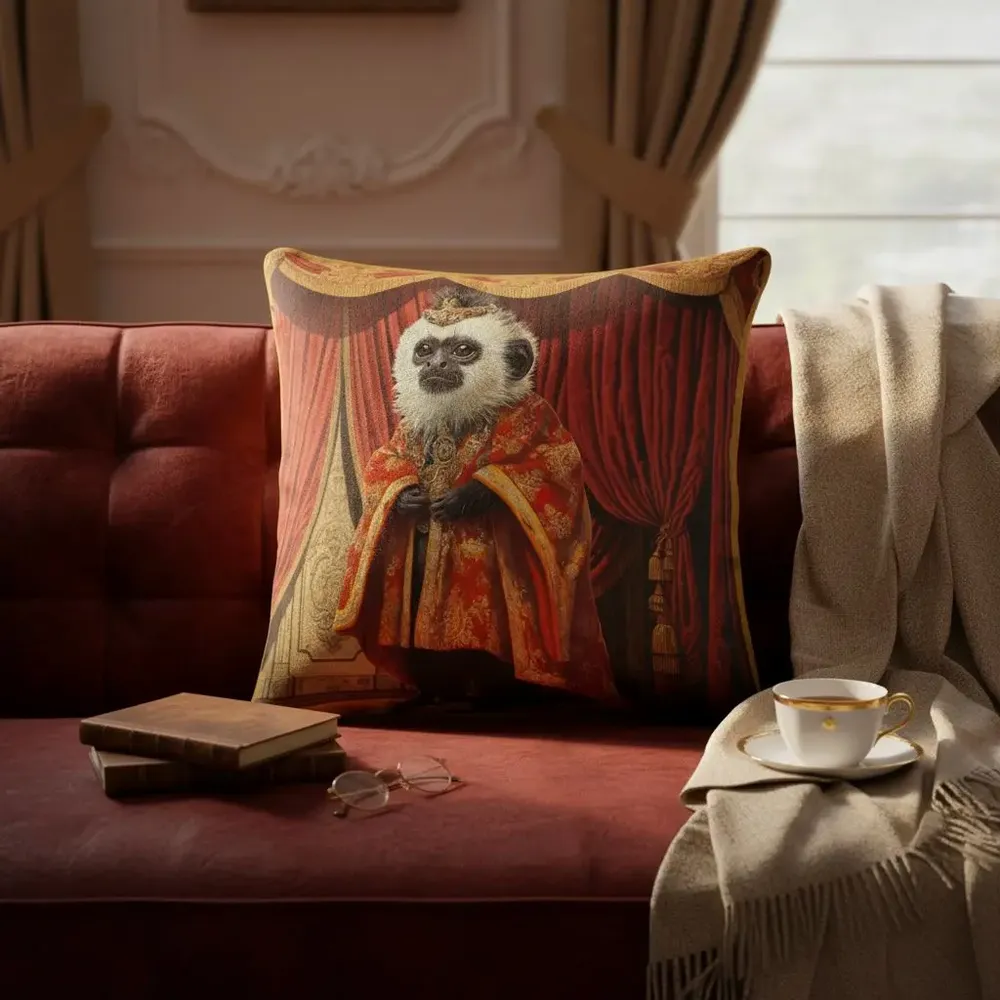 Linge - Bestiaire Aristocratique 27 (Le Marquis Ouistiti) — Housse Coussin Velours 45cm x 45cm - LAURE WELFLING - DJEBELI