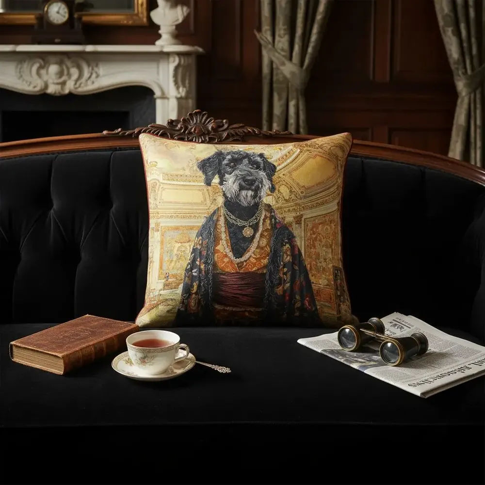 Linge - Bestiaire Aristocratique 31 (La Duchesse Schnauzer) — Housse Coussin Velours 45cm x 45cm - LAURE WELFLING - DJEBELI