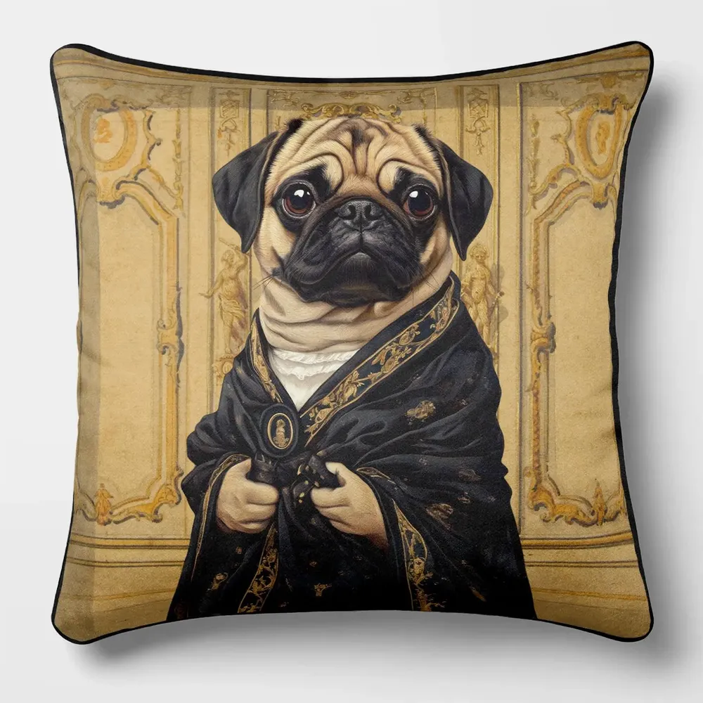 Linens - Aristocratic Bestiary 32 (Baroness Puggington) — Velvet Cushion Cover 45cm x 45cm - LAURE WELFLING - DJEBELI