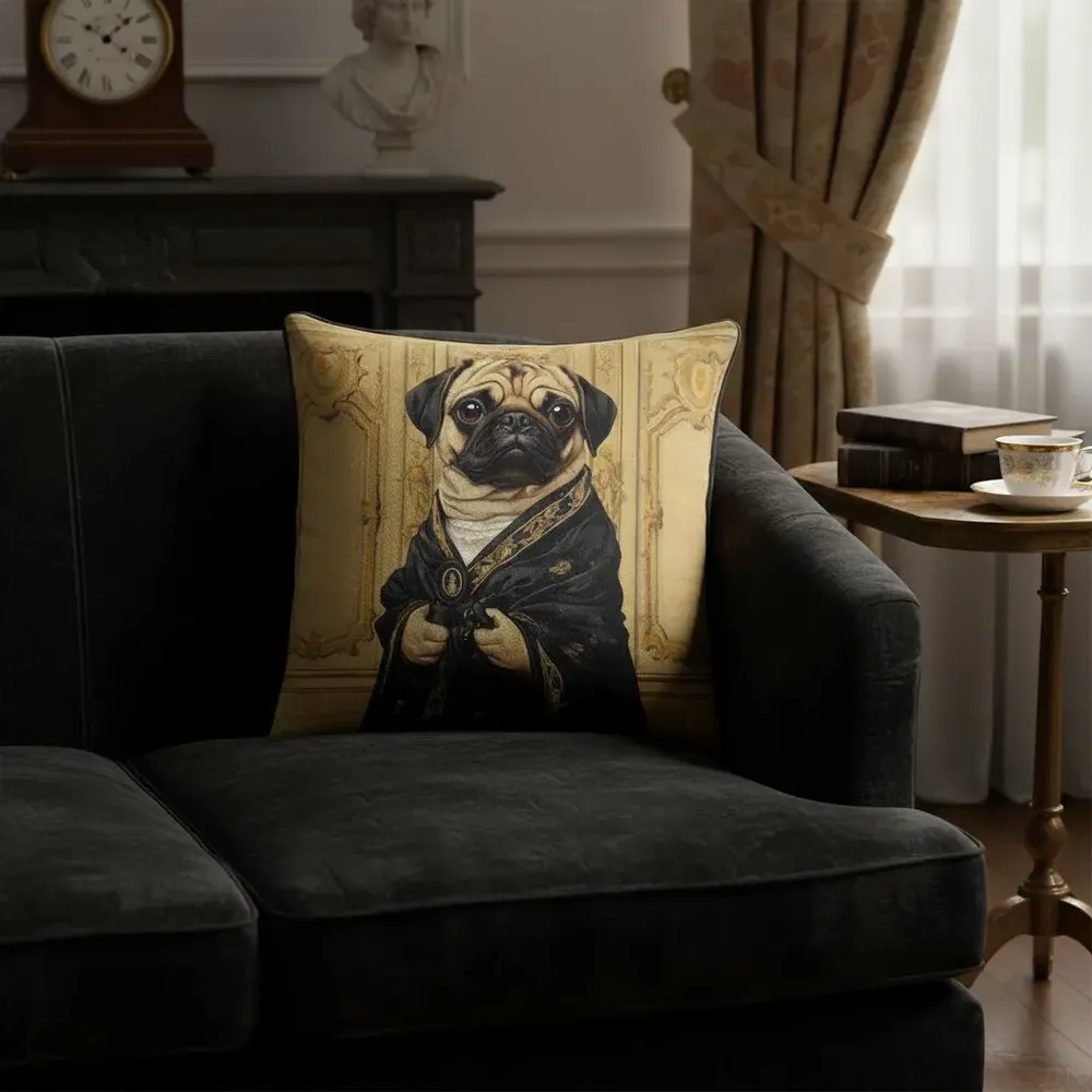 Linens - Aristocratic Bestiary 32 (Baroness Puggington) — Velvet Cushion Cover 45cm x 45cm - LAURE WELFLING - DJEBELI
