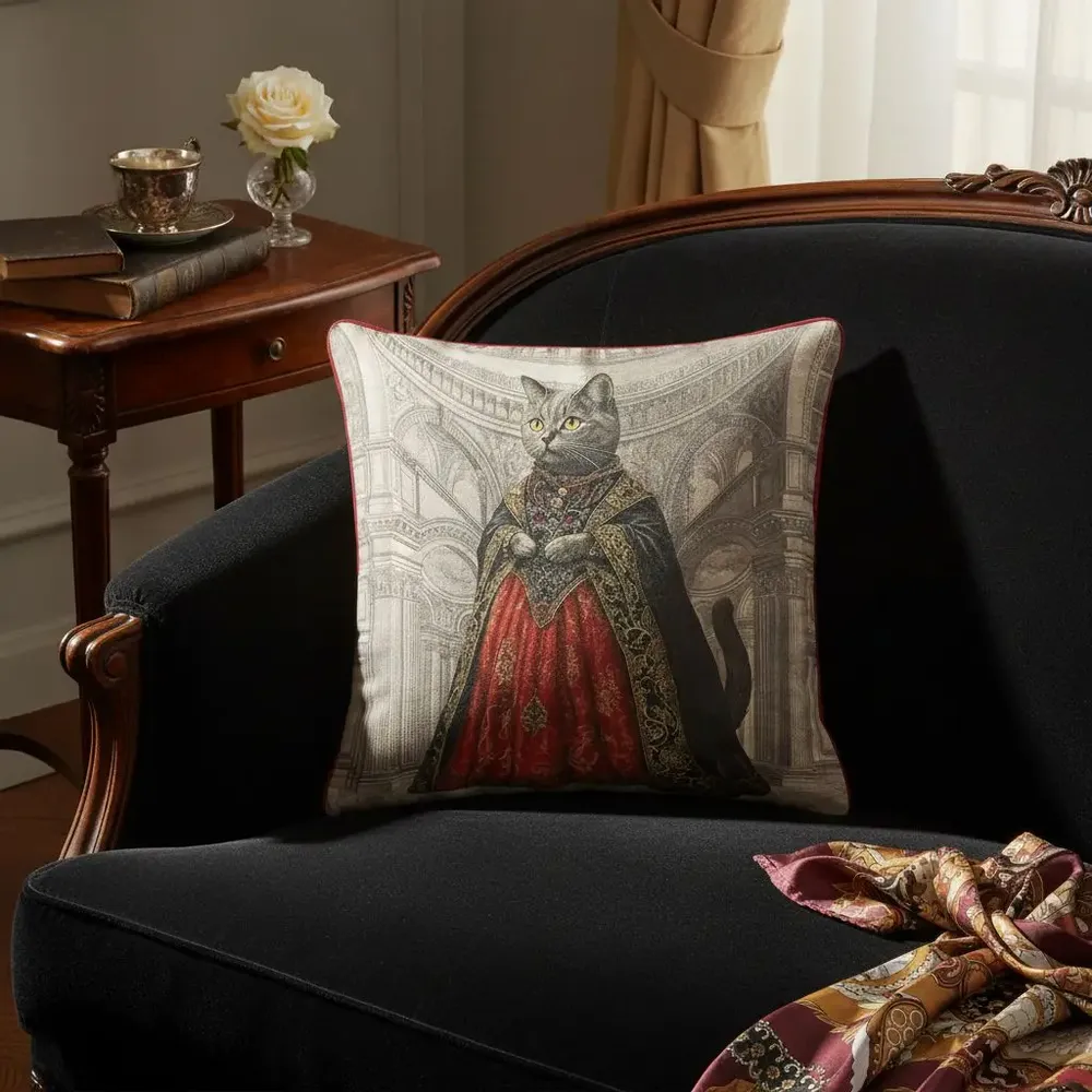 Linge - Bestiaire Aristocratique 35 (La Baronne Chatte Noire) — Housse Coussin Velours 45cm x 45cm - LAURE WELFLING - DJEBELI