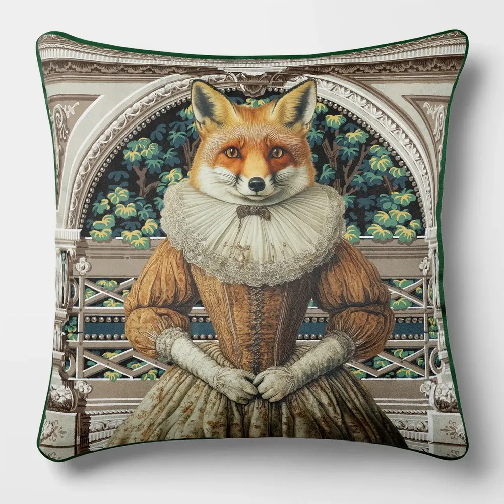Linge - Bestiaire Aristocratique 38 (Lady Renard Roux) — Housse Coussin Velours 45cm x 45cm - LAURE WELFLING - DJEBELI