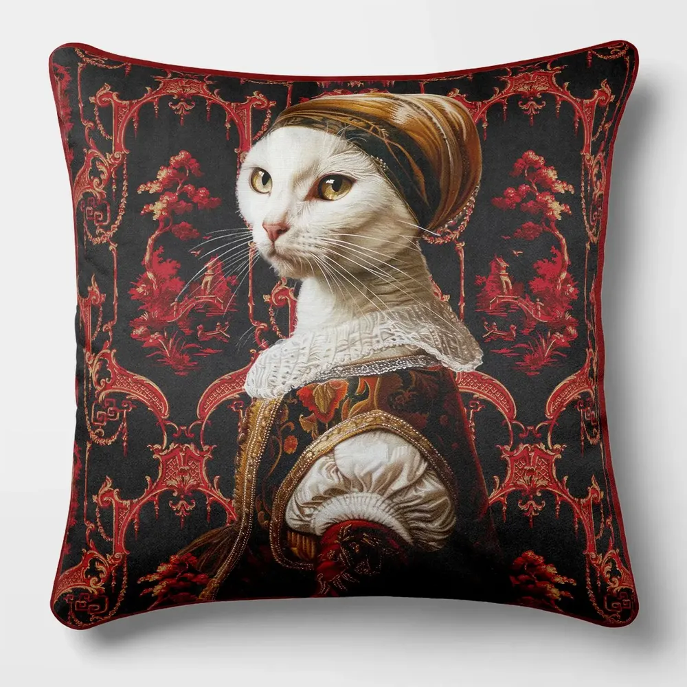 Linge - Bestiaire Aristocratique 44 (La Baronne Felidé) — Housse Coussin Velours 45cm x 45cm - LAURE WELFLING - DJEBELI