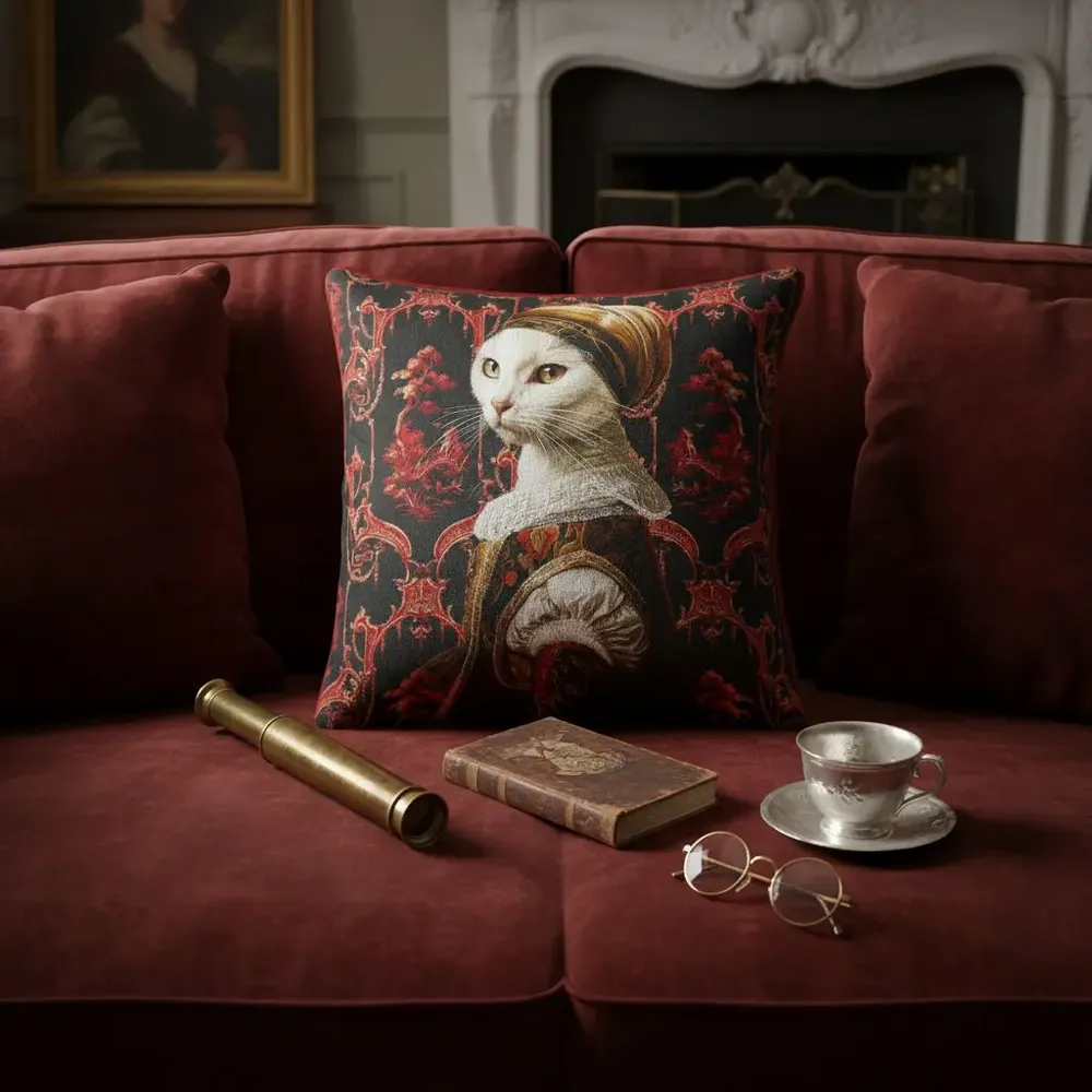 Linge - Bestiaire Aristocratique 44 (La Baronne Felidé) — Housse Coussin Velours 45cm x 45cm - LAURE WELFLING - DJEBELI