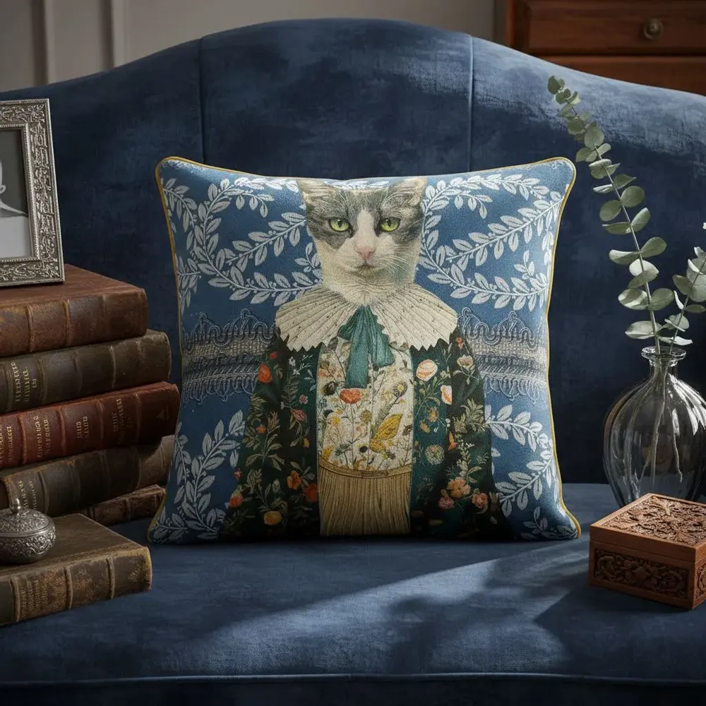 Linge - Bestiaire Aristocratique 46 (Le Vicomte Matou) — Housse Coussin Velours 45cm x 45cm - LAURE WELFLING - DJEBELI