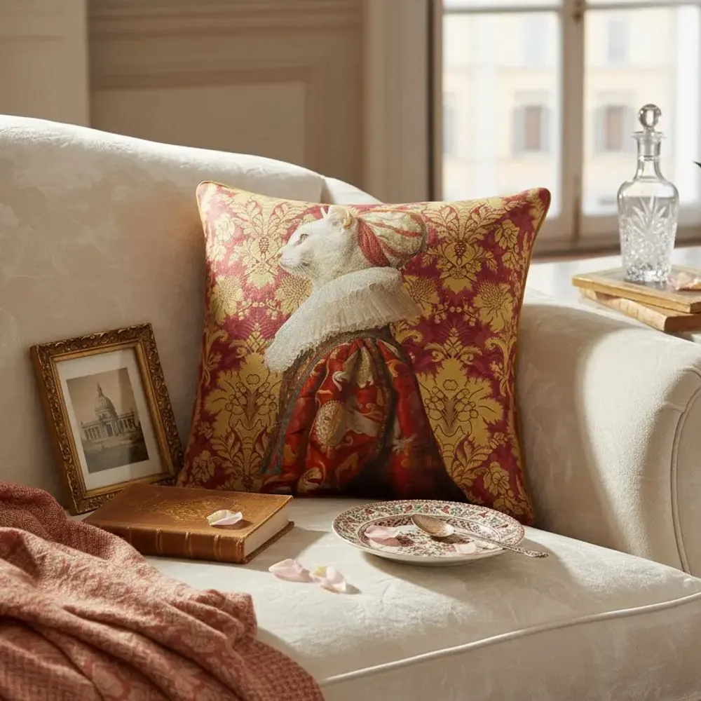 Linens - Aristocratic Bestiary 48 (Countess Meowsette) — Velvet Cushion Cover 45cm x 45cm - LAURE WELFLING - DJEBELI