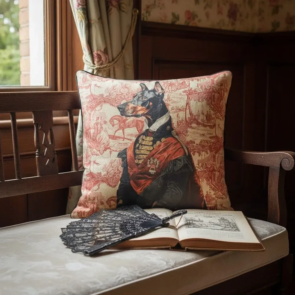 Linge - Bestiaire Aristocratique 51 (Le Colonel Doberman) — Housse Coussin Velours 45cm x 45cm - LAURE WELFLING - DJEBELI