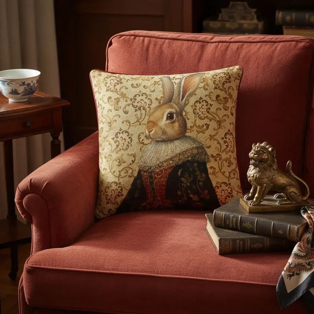 Linge - Bestiaire Aristocratique 52 (La Marquise Lapine) — Housse Coussin Velours 45cm x 45cm - LAURE WELFLING - DJEBELI