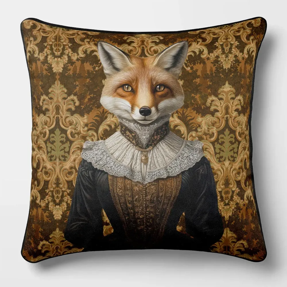 Linens - Aristocratic Bestiary 53 (Lady Redfox) — Velvet Cushion Cover 45cm x 45cm - LAURE WELFLING - DJEBELI