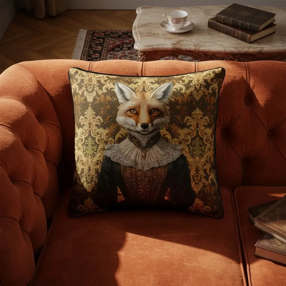 Linens - Aristocratic Bestiary 53 (Lady Redfox) — Velvet Cushion Cover 45cm x 45cm - LAURE WELFLING - DJEBELI