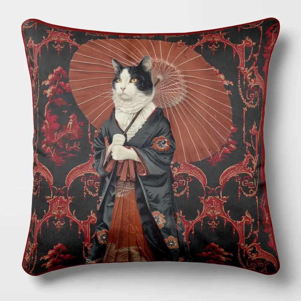 Linge - Bestiaire Aristocratique 57 (Le Chat Samurai) — Housse Coussin Velours 45cm x 45cm - LAURE WELFLING - DJEBELI