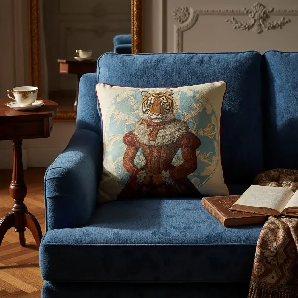 Linge - Bestiaire Aristocratique 60 (Princesse Tigresse) — Housse Coussin Velours 45cm x 45cm - LAURE WELFLING - DJEBELI