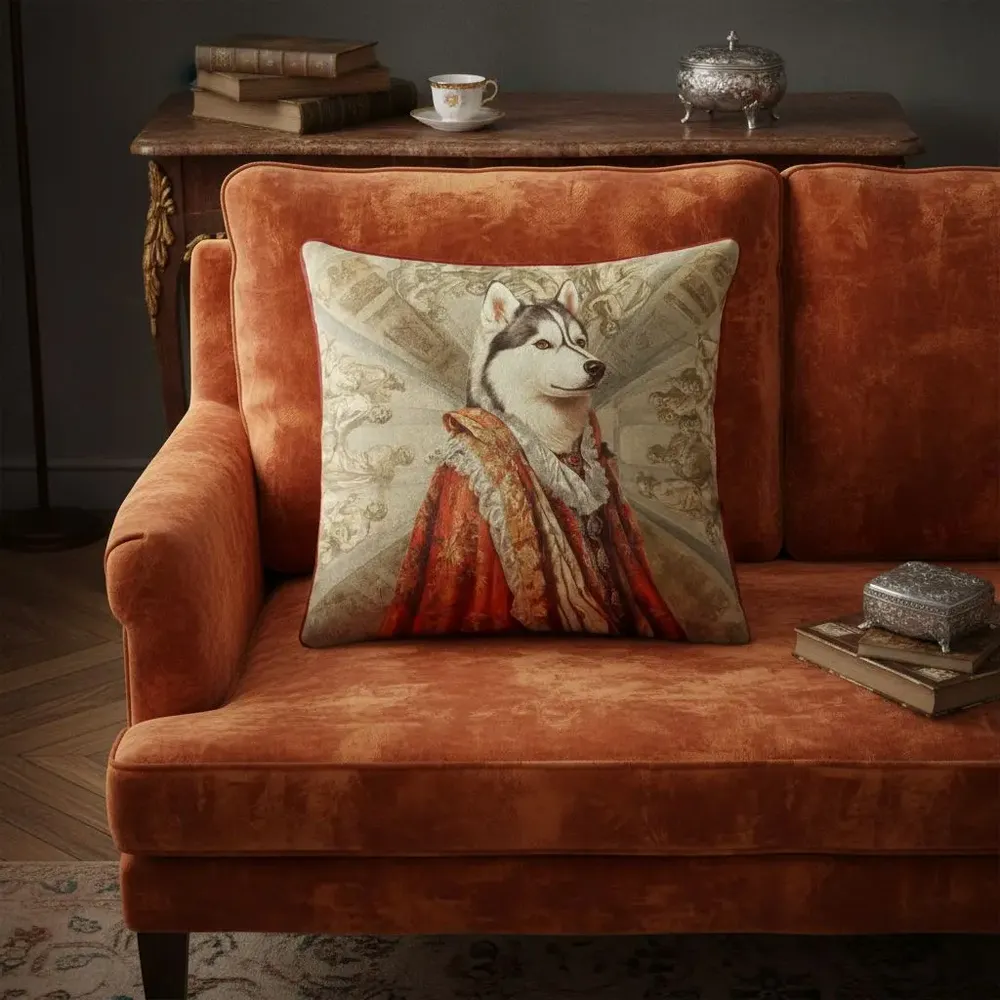 Linge - Bestiaire Aristocratique 61 (La Duchesse Husky femelle) — Housse Coussin Velours 45cm x 45cm - LAURE WELFLING - DJEBELI