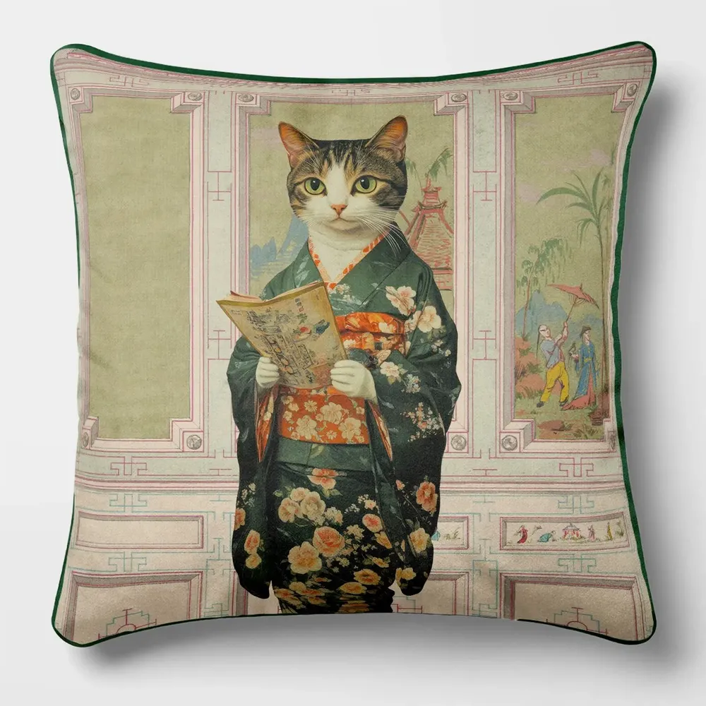 Linens - Aristocratic Bestiary 56 (Geisha Cat) — Velvet Cushion Cover 45cm x 45cm - LAURE WELFLING - DJEBELI
