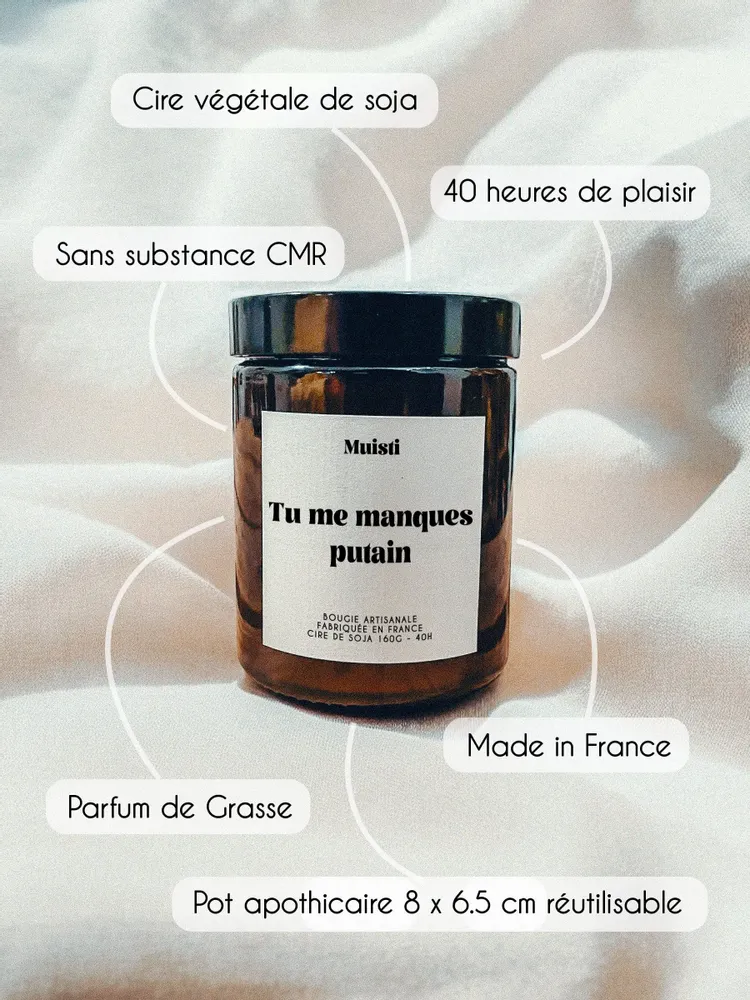 Objets de décoration - Bougie Parfumée - Tu me manques putain - Musc blanc – 160g - MUISTI