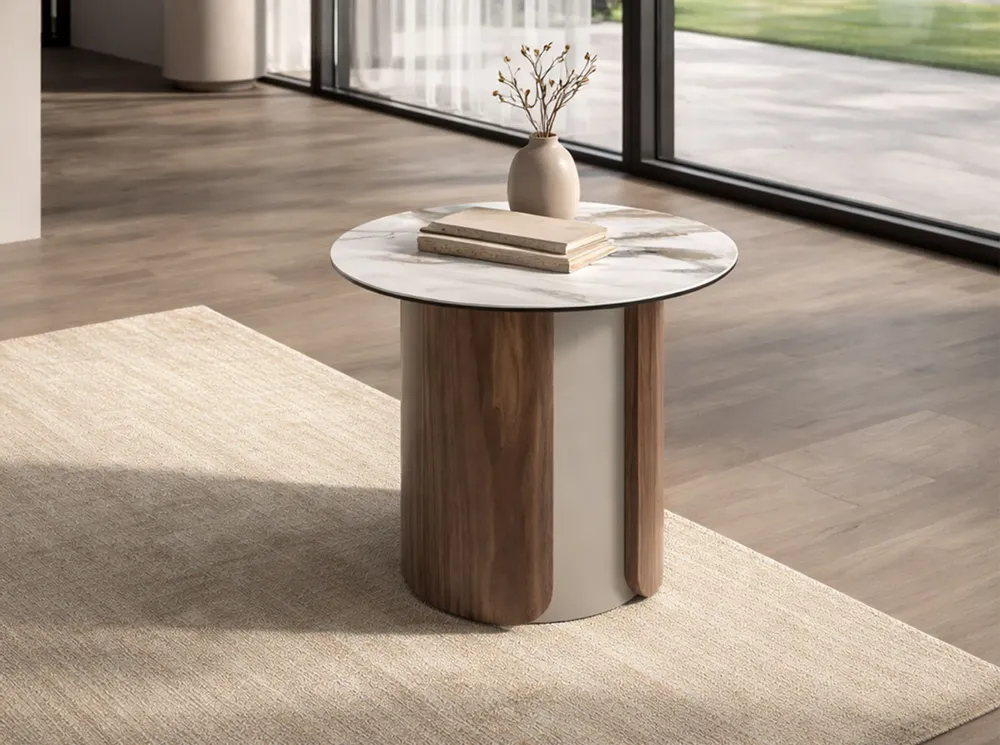 Autres tables  - Table d'appoint ronde en céramique, acier couleur sable et noyer. - ANGEL CERDÁ